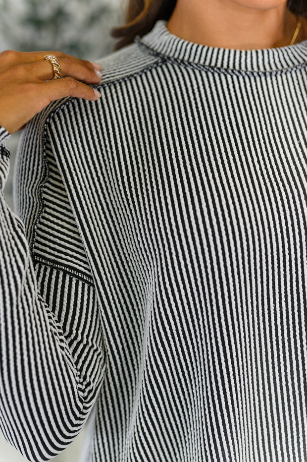 Wander & Rest Cable Ribbed Knit Drop Shoulder Top in Black/White