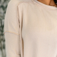 Wander & Rest Cable Ribbed Knit Drop Shoulder Top in Sand Beige