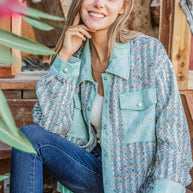 Put Together Turquoise Twill Banded Snap Button Jacket