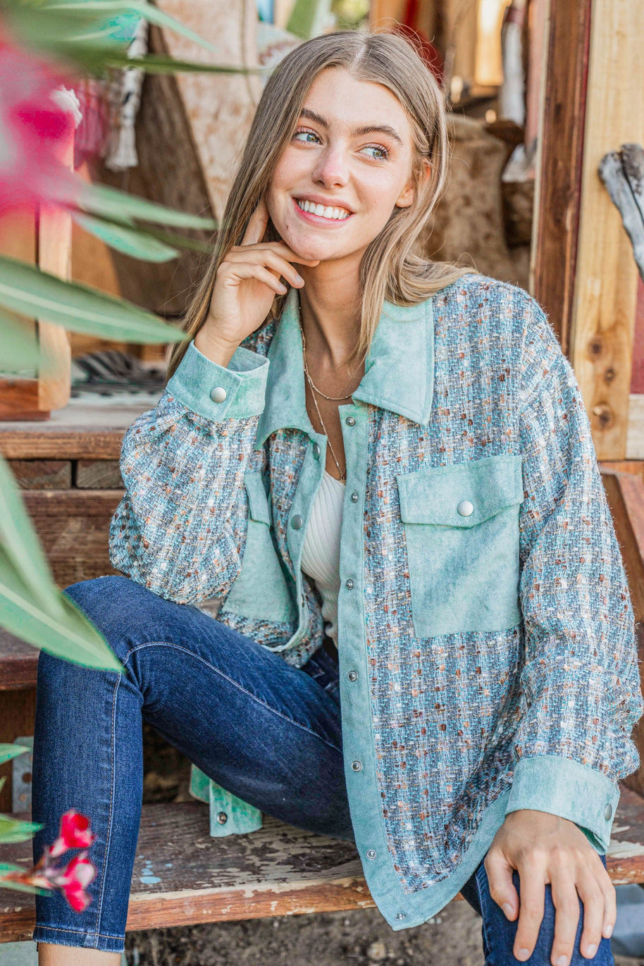 Put Together Turquoise Twill Banded Snap Button Jacket