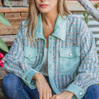 Put Together Turquoise Twill Banded Snap Button Jacket