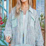 Put Together Turquoise Twill Banded Snap Button Jacket