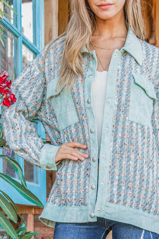 Put Together Turquoise Twill Banded Snap Button Jacket