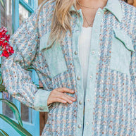 Put Together Turquoise Twill Banded Snap Button Jacket