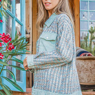 Put Together Turquoise Twill Banded Snap Button Jacket