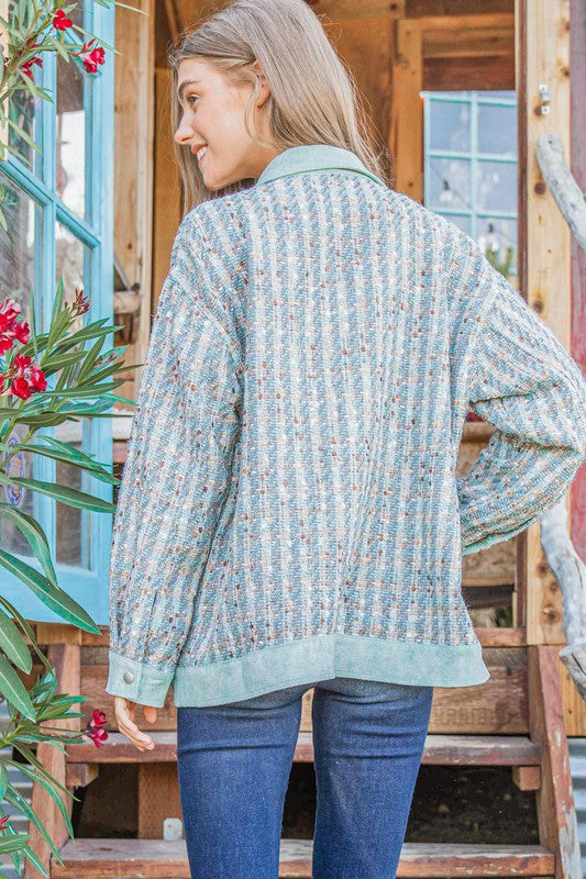 Put Together Turquoise Twill Banded Snap Button Jacket