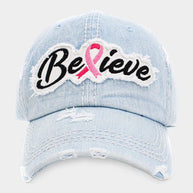 Believe Message Pink Ribbon Accented Vintage Baseball Cap