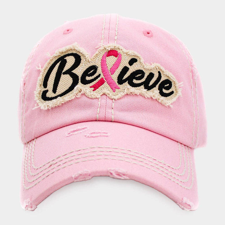 Believe Message Pink Ribbon Accented Vintage Baseball Cap