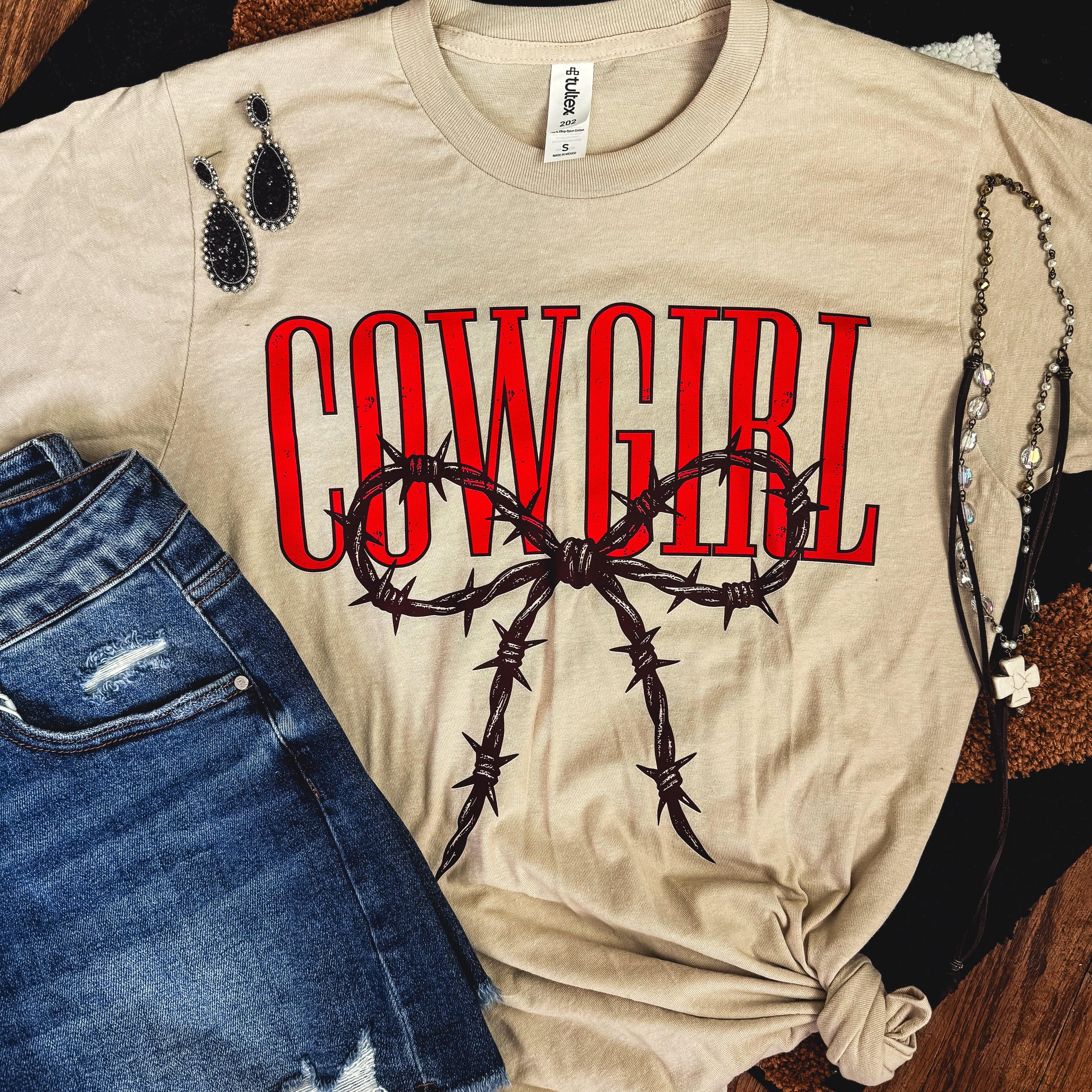FestiviTees Women - Apparel - Shirts - T-Shirts Cowgirl Barbed Wire Bow Western Tee Soft Graphic Tee