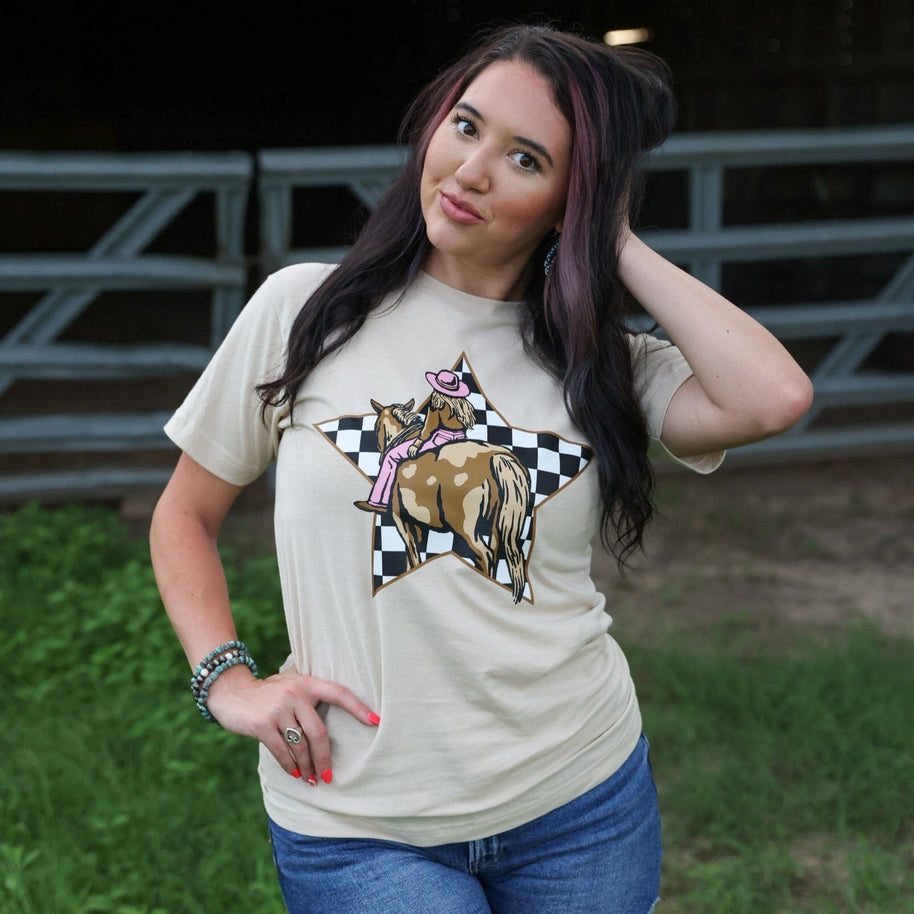 FestiviTees Women - Apparel - Shirts - T-Shirts Cowgirl Checkerboard Star Soft Graphic Tee