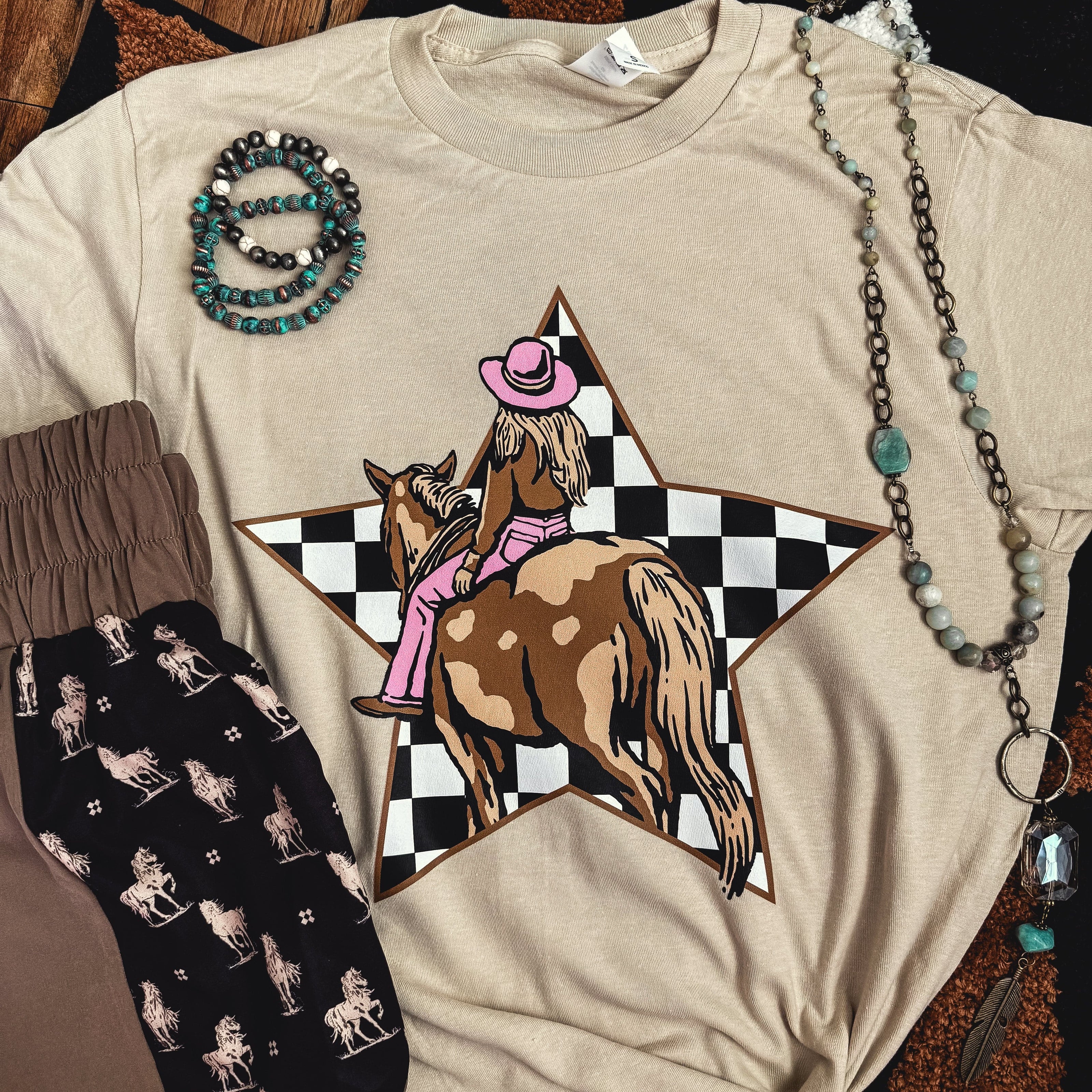 FestiviTees Women - Apparel - Shirts - T-Shirts Cowgirl Checkerboard Star Soft Graphic Tee