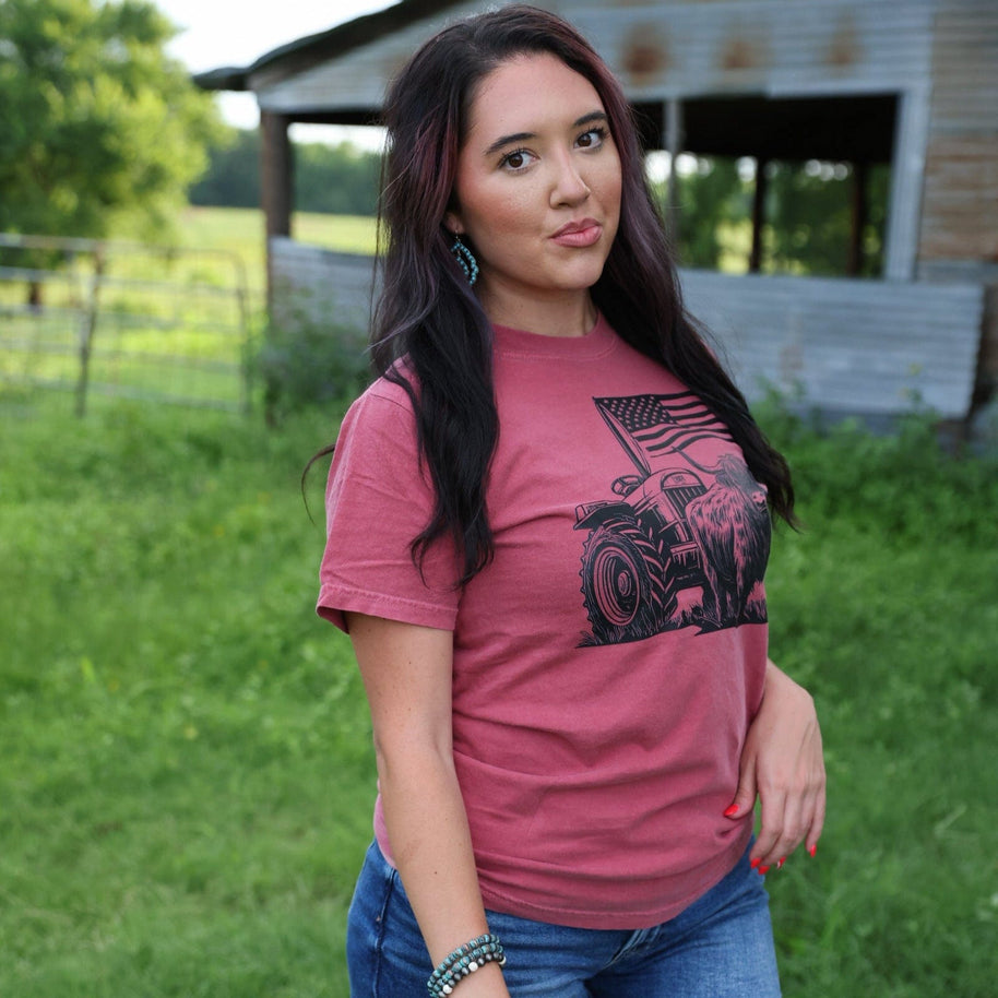 FestiviTees Women - Apparel - Shirts - T-Shirts Highland Cow Flag Tractor Soft Graphic Tee