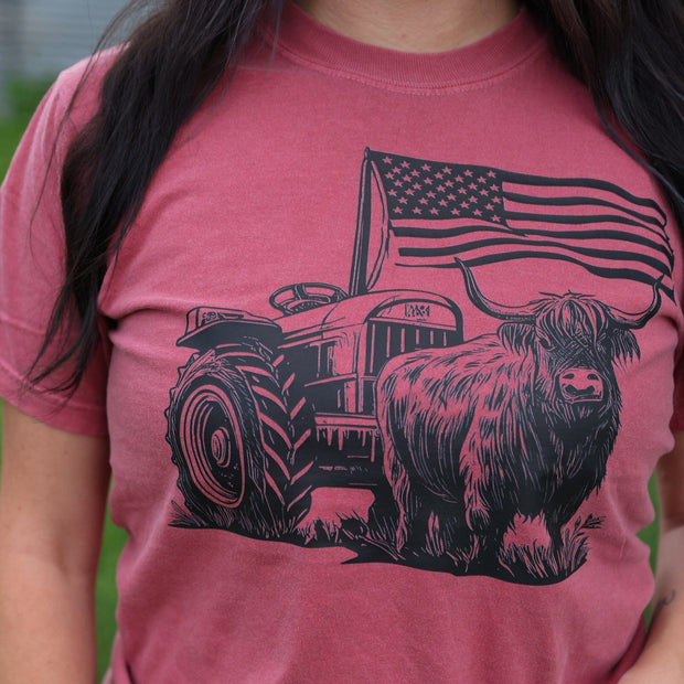 FestiviTees Women - Apparel - Shirts - T-Shirts Highland Cow Flag Tractor Soft Graphic Tee