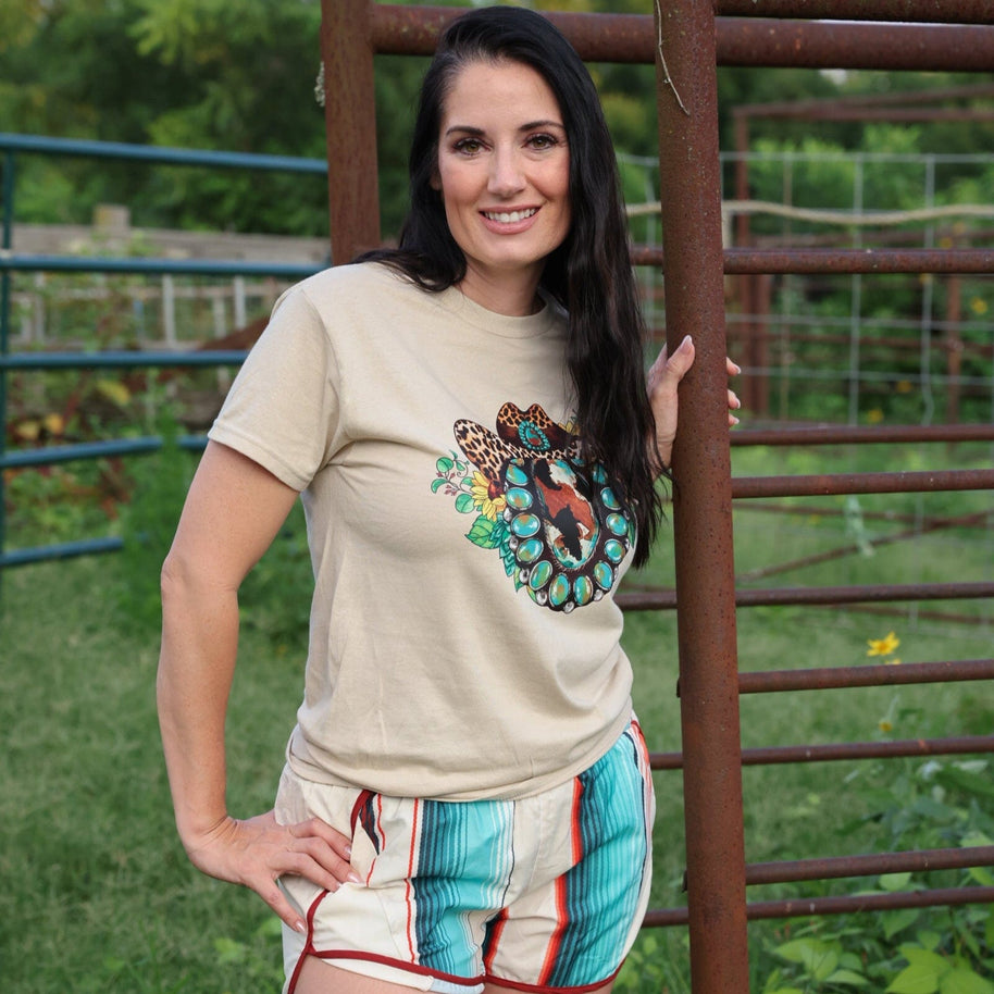 FestiviTees Women - Apparel - Shirts - T-Shirts Leopard Hat Turquoise Squash Blossom Soft Graphic Tee