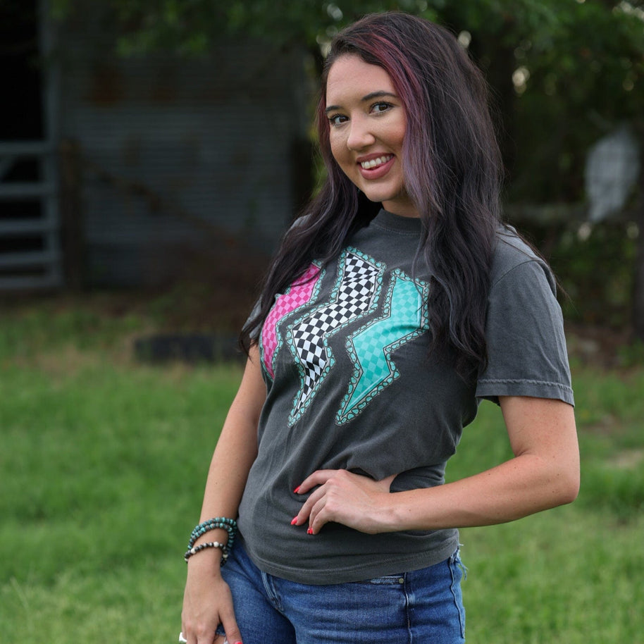 FestiviTees Women - Apparel - Shirts - T-Shirts Triple Lightning Bolt Turquoise Border Tee Soft Graphic Tee