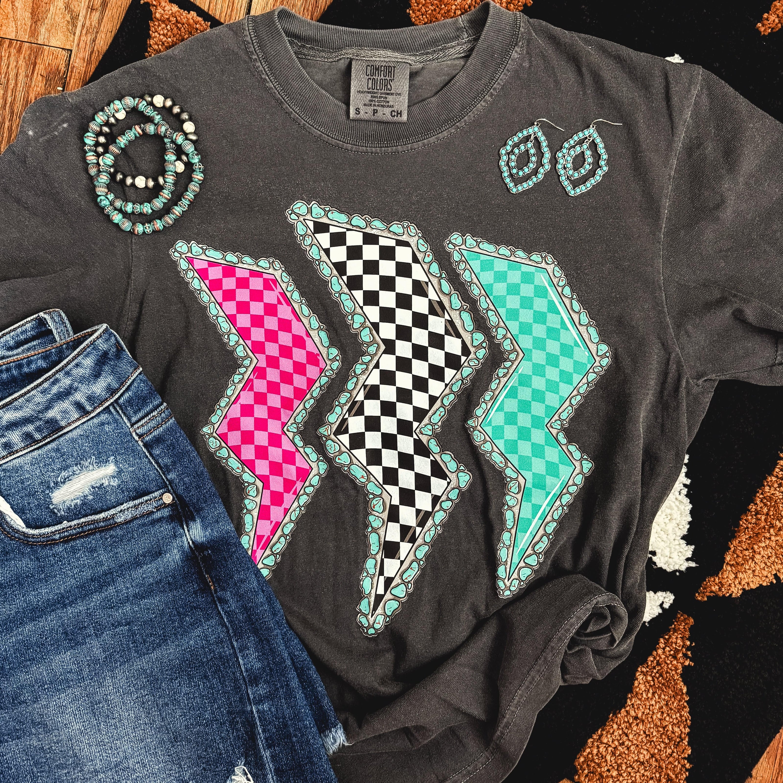 FestiviTees Women - Apparel - Shirts - T-Shirts Triple Lightning Bolt Turquoise Border Tee Soft Graphic Tee