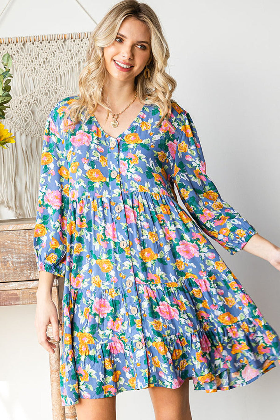 Boho Vibes Cotton Floral Button Down 3/4 Sleeve Tiered Dress