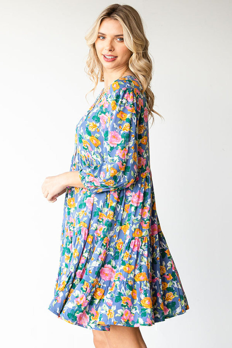 Boho Vibes Cotton Floral Button Down 3/4 Sleeve Tiered Dress