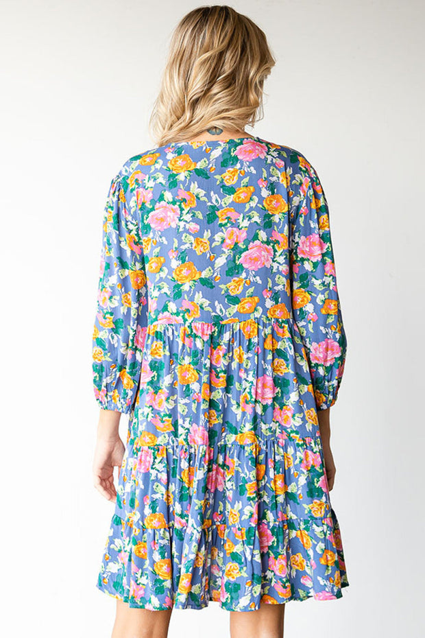 Boho Vibes Cotton Floral Button Down 3/4 Sleeve Tiered Dress